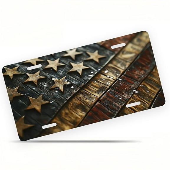 Wooden Star spangled Pattern Front License Plate, Metal License Plate, Funny Standard Plates Personalized Novelty Decorative For Men/Women/Boys/Girls Car 6×12 Inch