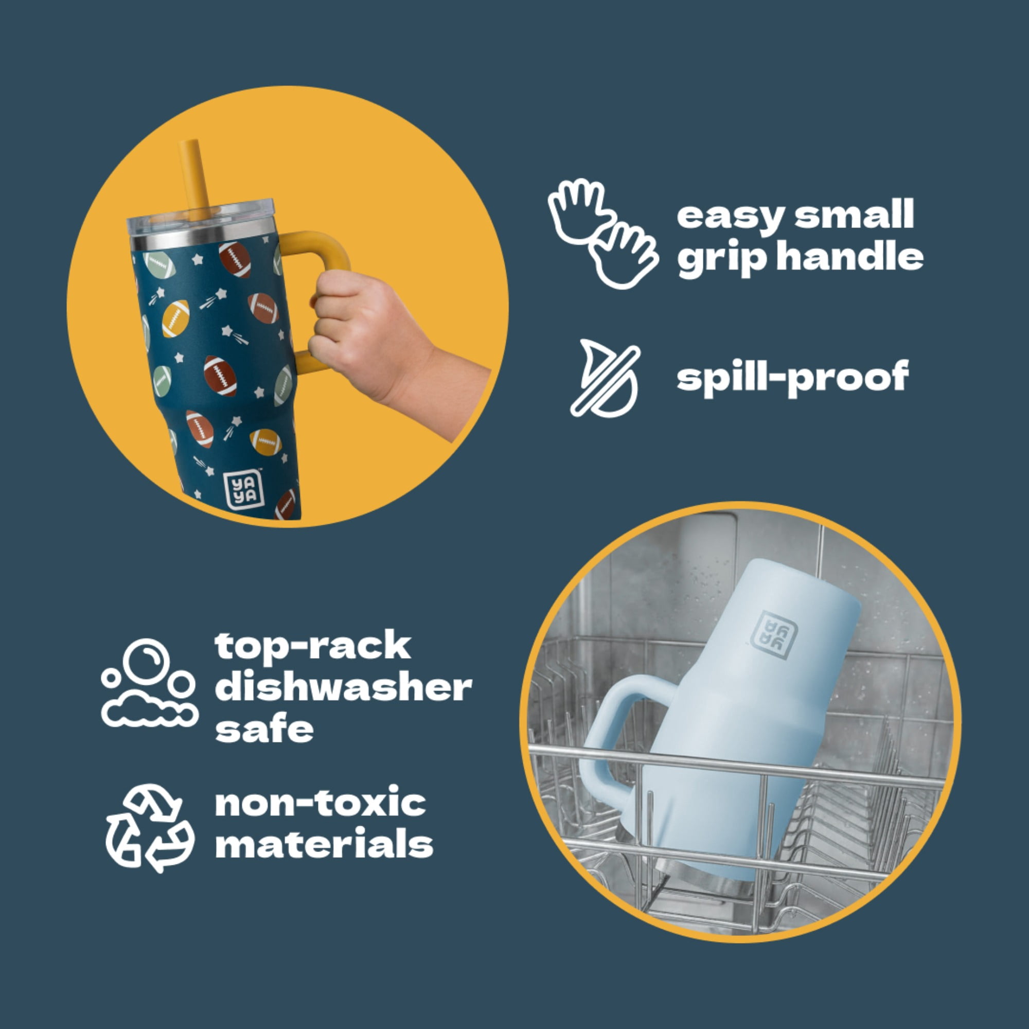 YAYA My First Travel Tumbler for Preschool & Kids 3+, Insulated Stainless Steel Tumbler with Reusable Silicone Straw & Spill-Proof Lid, Cup Holder Compatible, BPA-Free, 12oz, Football