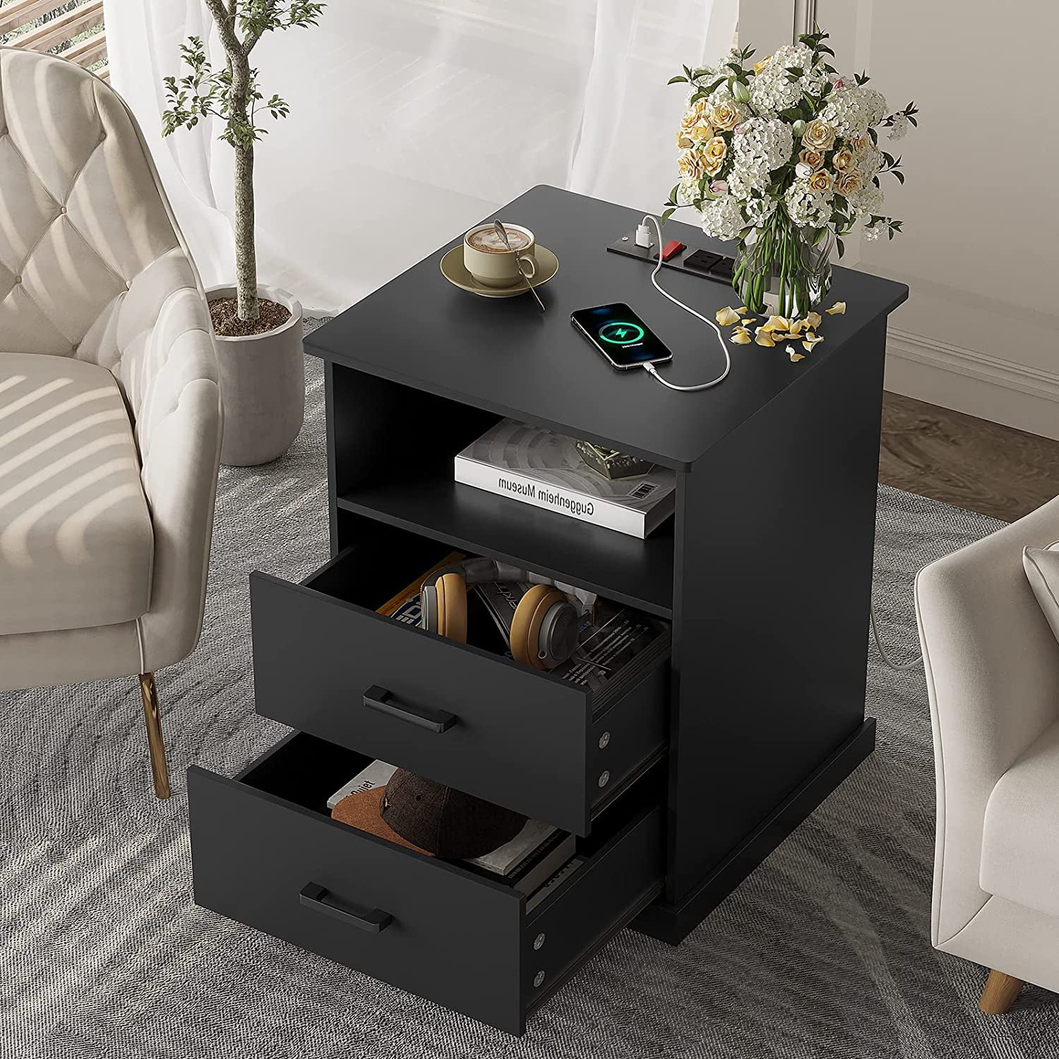 Black Nightstand with Charging Station & 2 Drawers, Night Stand for