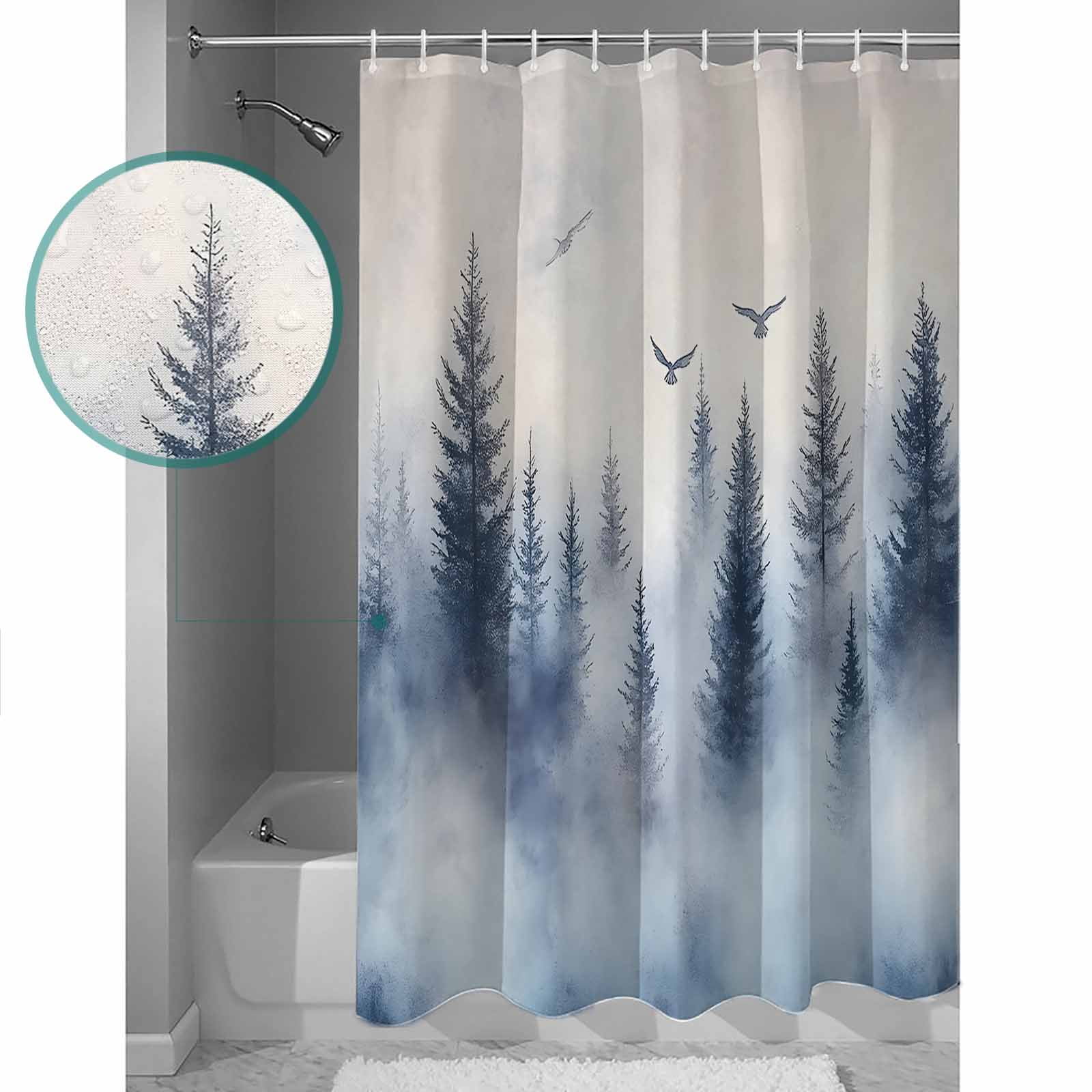 Extra Long Shower Curtain 72x84 Inch, Mountain Peak Shower Curtain Waterproof Bathroom Decor Forest Tree Scene Watercolor Style Fabric Bath Curtain Set Accessories with Hooks