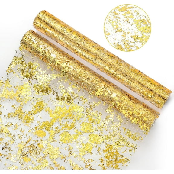 2 PCS Gold Table Runner, 11"x108" Glitter Foil Metallic Thin Mesh Decor Rolls, Centerpieces Decorations for Party ,Wedding, Christmas ,Thanksgiving, Birthday