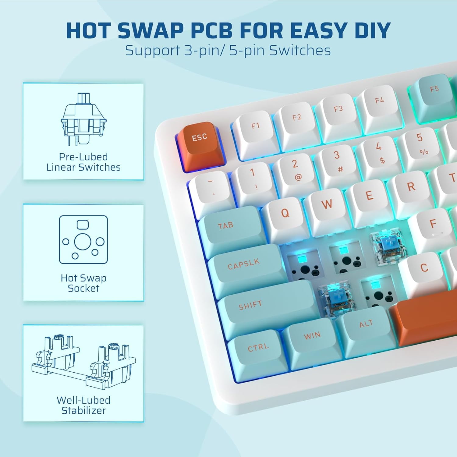 LTC NIMBLEBACK NB832 WIRELESS 75% GASKET MECHANICAL KEYBOARD - WHITE BLUE RED