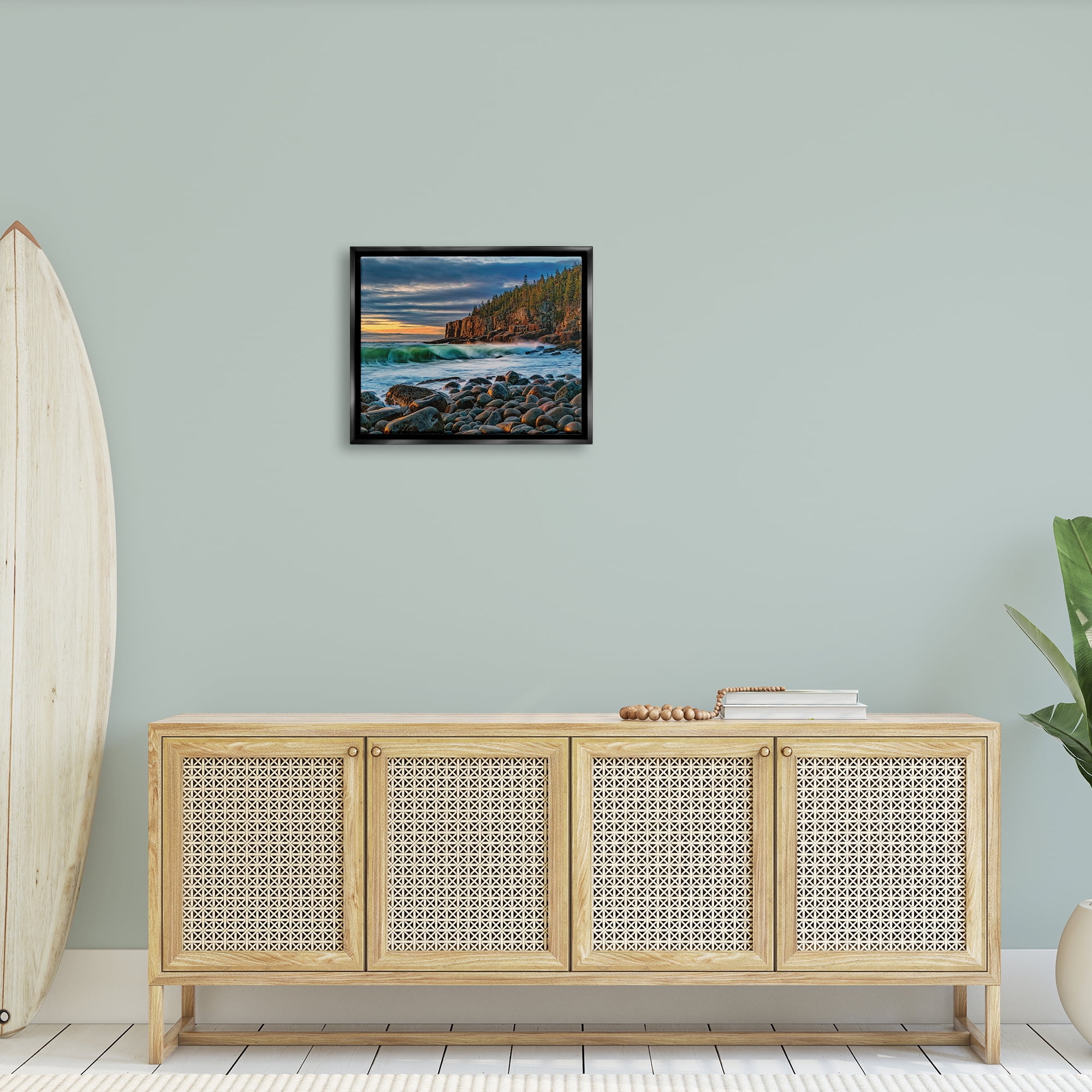 Stupell Rolling Waves Beach Rocks Coast Landscape Photography Black Floater Framed Art Print Wall Art