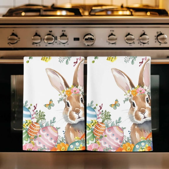 Easter Bunny Kitchen Towels Set of 1, Colorful Easter Eggs Eucalyptus Leaves Weeping Absorbent Dish Towels for Kitchen, Microfiber Hand Towel, Quick Drying Tea Towel for Cleaning Dishcloths