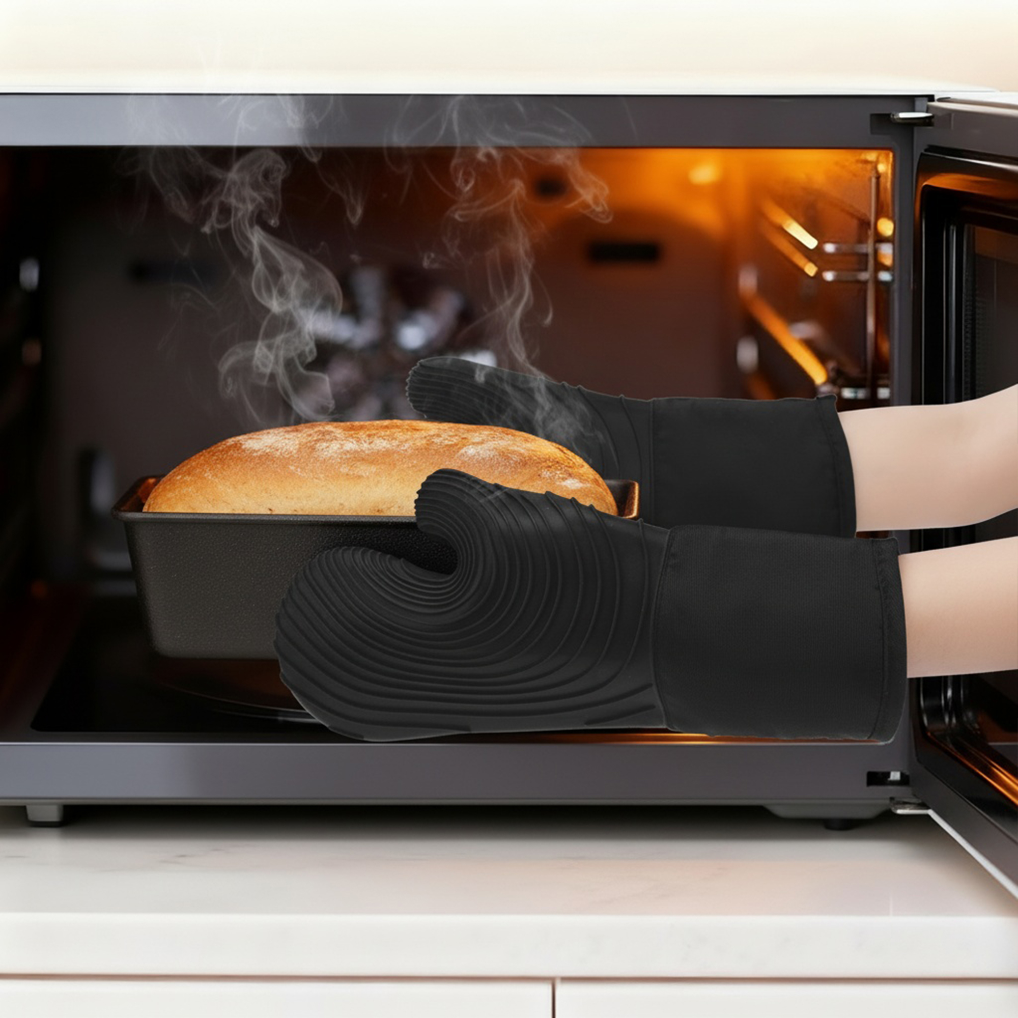 REGALWOVEN Soft Silicone and Cotton Oven Mitts, Heat-Resistant Cooking Gloves, Gripping for Baking, Kitchen Mitts Set of 2 Black 13.4x7.1inch