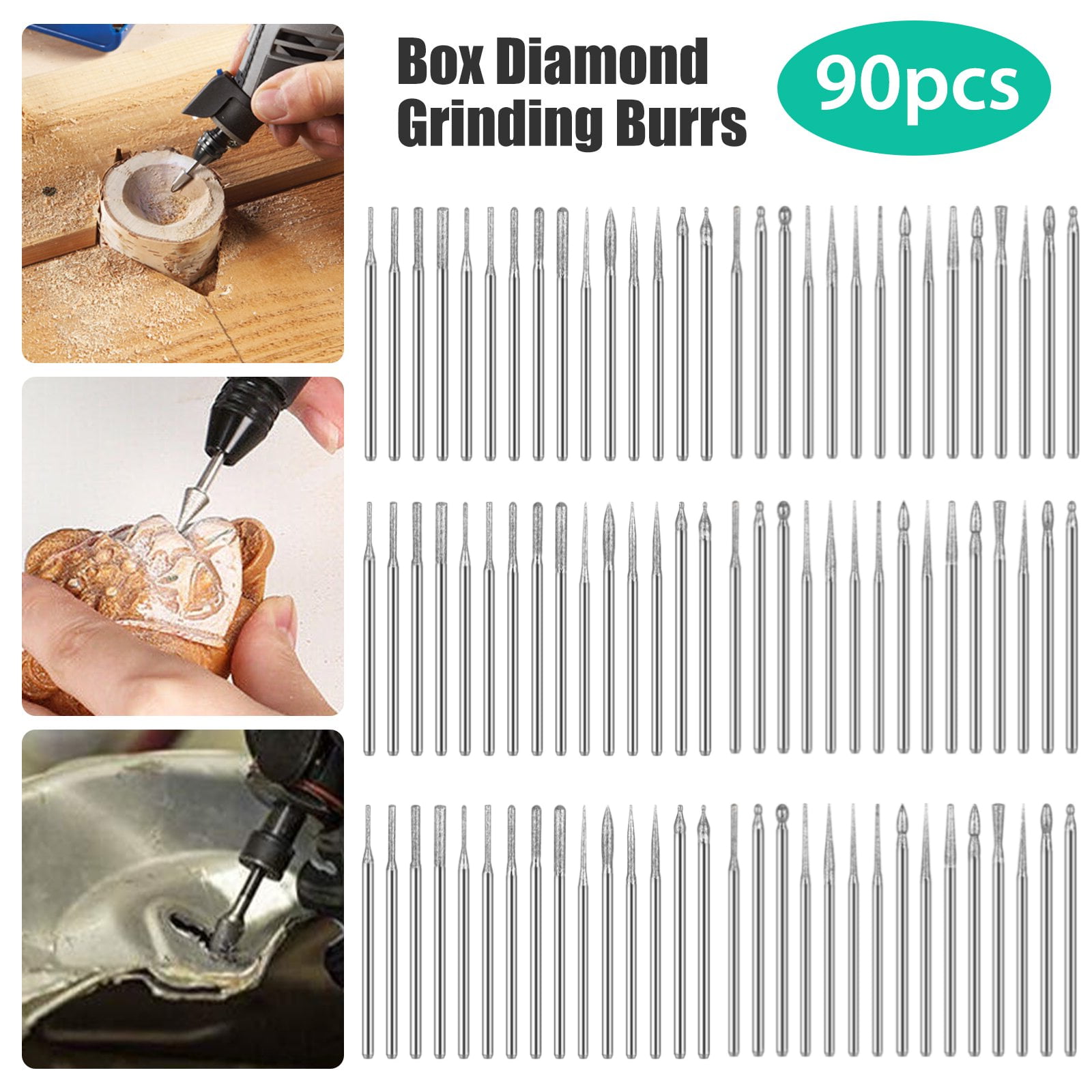 3mm aiyun Diamond Burr Bits Drill Kit for Rotary Tool Metal Woodworking Router Grinding Engraving Carving- 1/8 3mm Shank Shank Pack of 90Pcs 