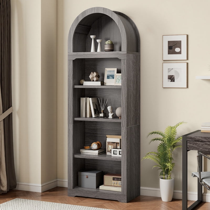 Uforic 5 Tiers Arched Bookshelf, 68.5" Tall Modern Bookcase Display Storage Rack Wooden Bookshelves, Gray