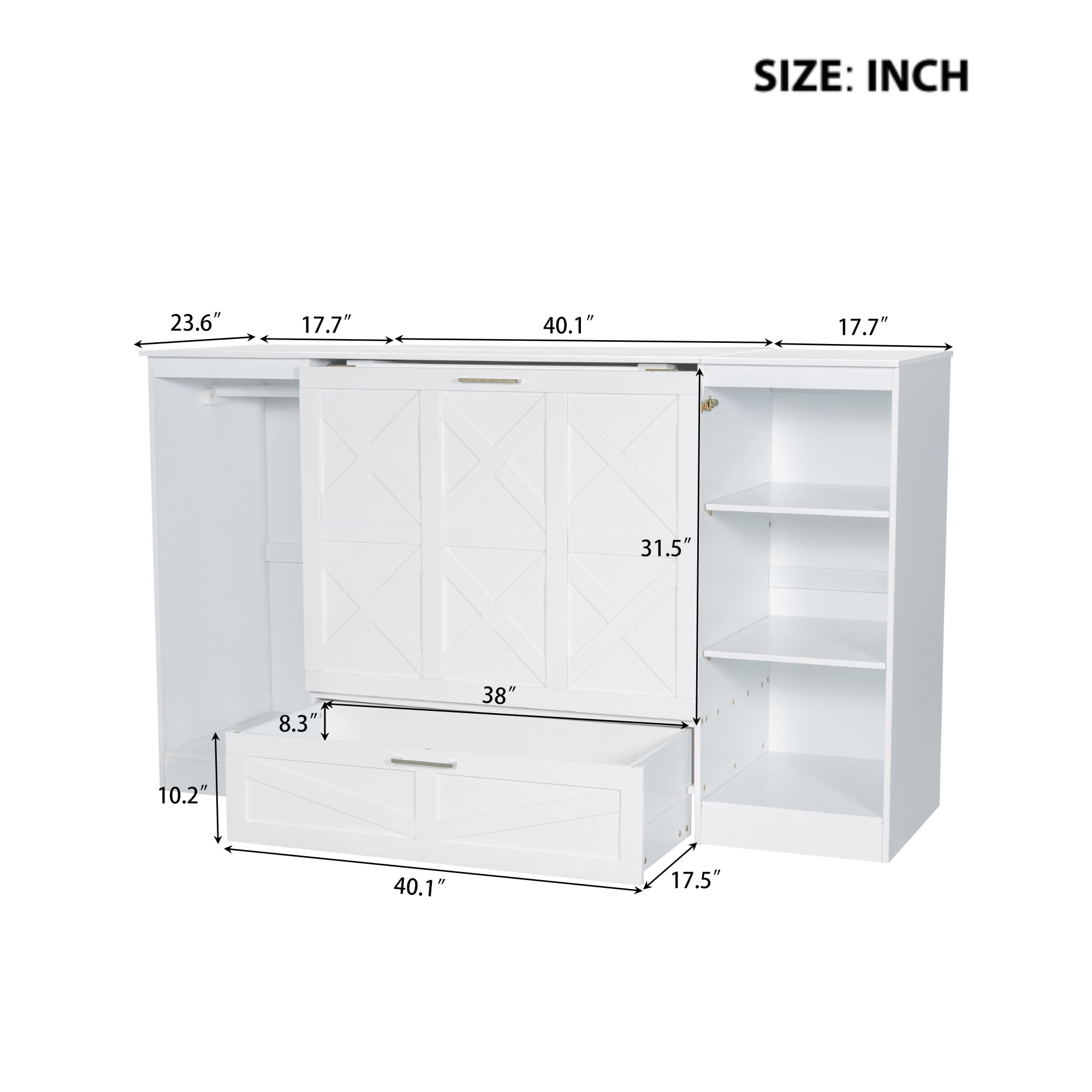Euroco Wood Twin Size Murphy Bed with Wardrobe and Shelves for Kids Teens Living Room