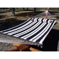 thumbnail image 3 of Petra Leisure 14 Ft. Teak Wooden Arc Hammock Stand + Deluxe Quilted Elegant Blue Stripe, Double Padded Hammock Bed w/Pillow. 2 Person Bed. 450 LB Capacity&nbsp;, 3 of 5