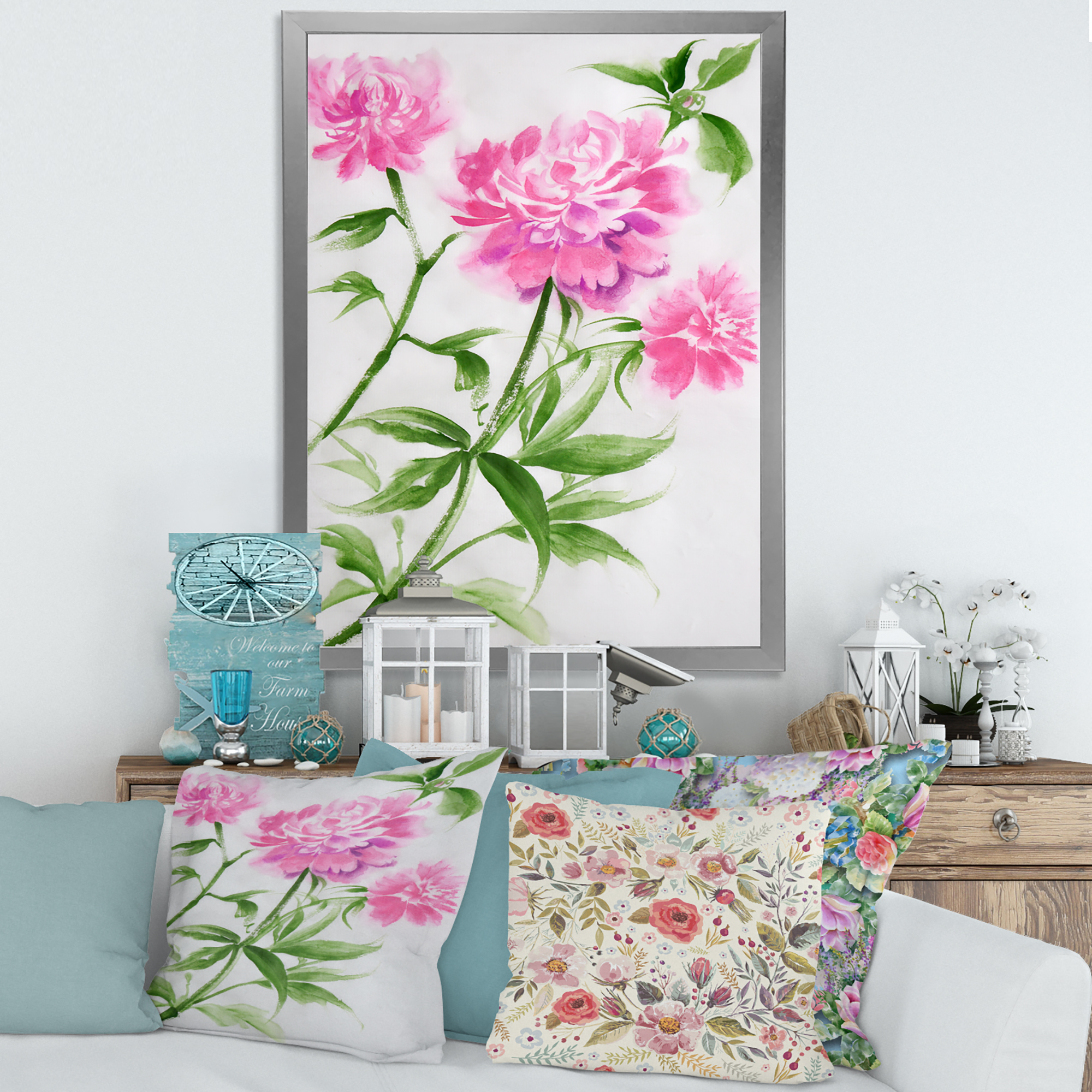 Designart 'Purple Peonies With Green Bush II' Traditional Framed Art Print