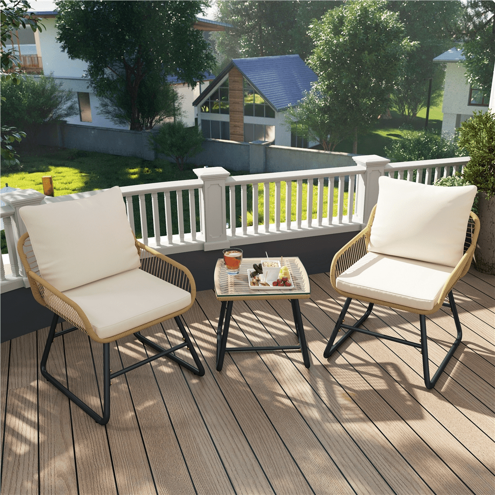 Renwick 3-Piece Patio Bistro Set with Wicker Rattan Chairs and Table, Tan/Cream