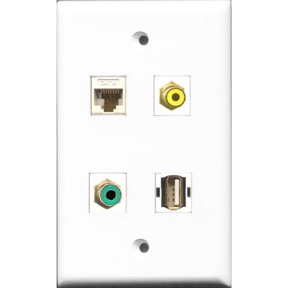 RiteAV 1 Port RCA Yellow and 1 Port RCA Green and 1 Port USB A-A and 1 Port Cat6 Ethernet White Wall Plate