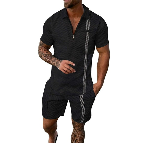 MSJUHEG Sweatpants For Men Polo Shirts For Men Mens Short Sleeve Casual Shirt And Shorts Sets Two Piece Summer Outfits Zip Tracksuit Set Lounge Sets For Women Black M