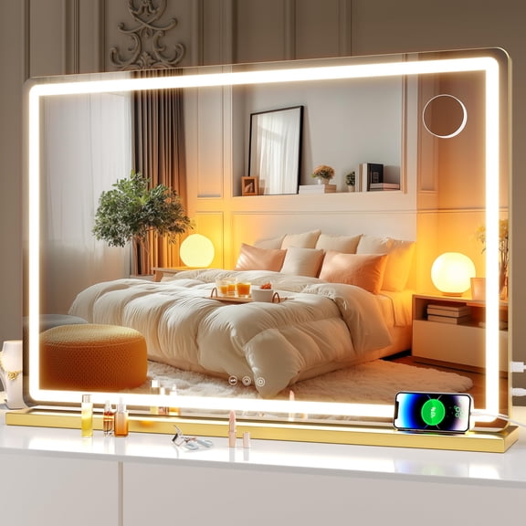 Hasipu 31.5" x 22" LED Vanity Mirror with Touch Screen Control Lighted Makeup Mirror with Dimmable 3 Modes Round Gold Frame