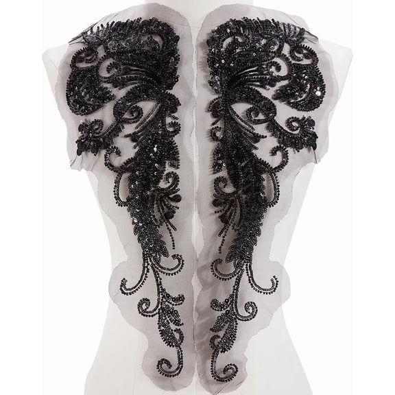 2Pcs Black Floral Embroidery Applique Embroidered Beaded Sequin Lace Appliques 3D Flower Rhinestone Sew on Ornament Patches Bulk