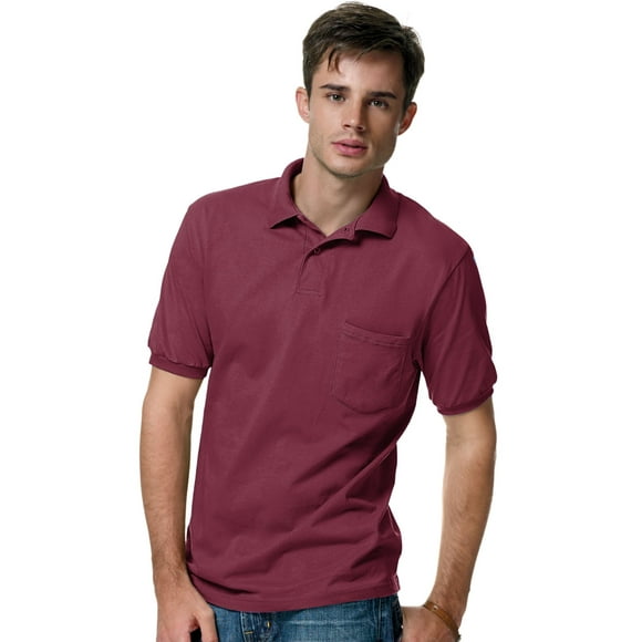 Hanes Cotton-Blend Jersey Mens Polo with Pocket - Best-Seller, S, Maroon