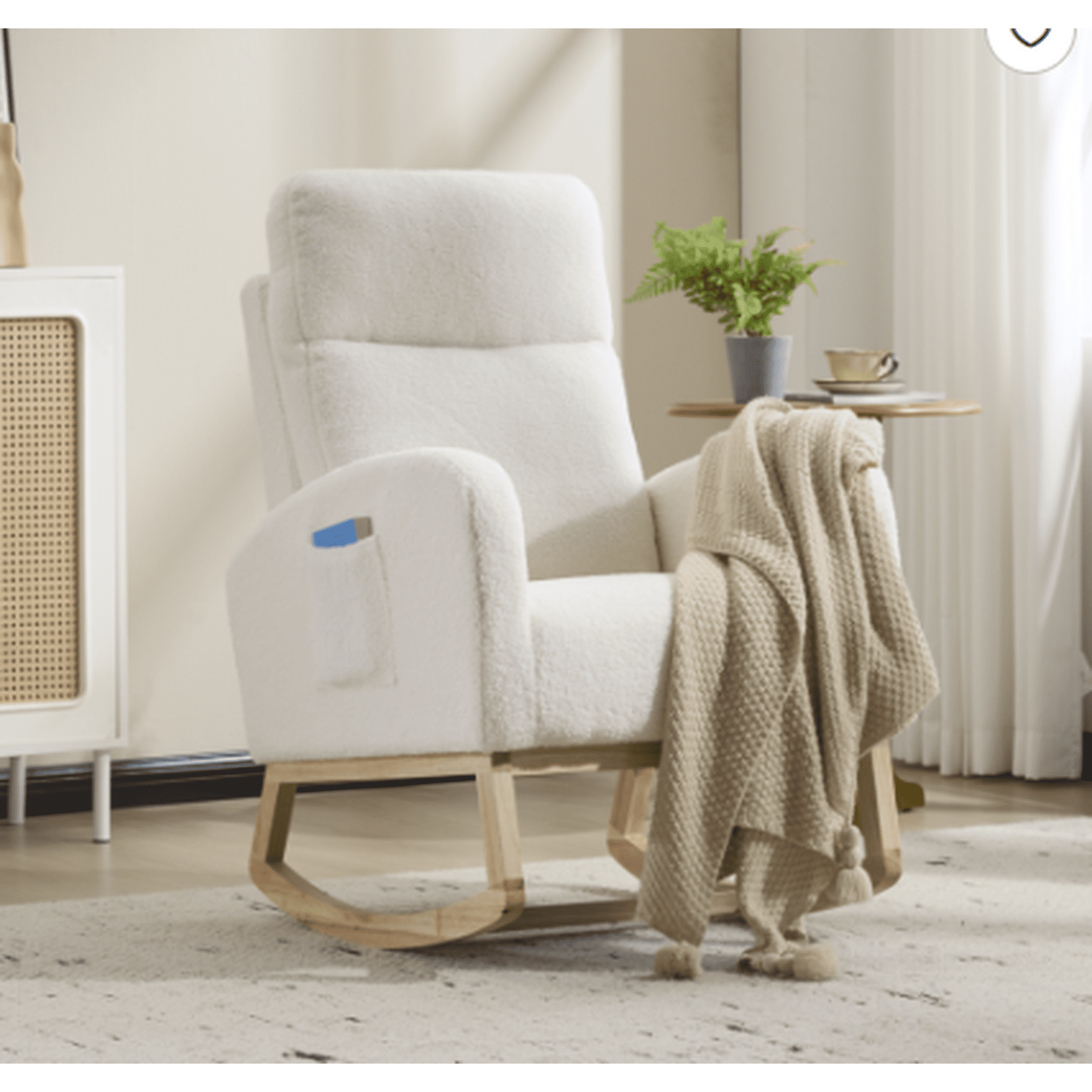 Modern Accent Rocking Chair with Solid Wood Legs, Upholstered Nursery Glider Rocker, Comfy Armchair with Side Pocket, Living Room Lounge Arm Chair with High Backrest (White)