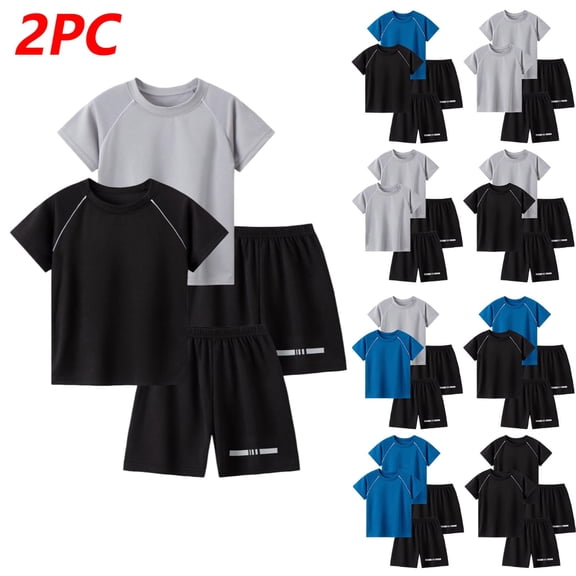 Afuyipoi Boys 2-Piece Active Summer Set (5-12 Years) Breathable Night Reflective Printed Sporty Short Sleeve T-Shirt and Shorts Outfit Dark Gray 7/8