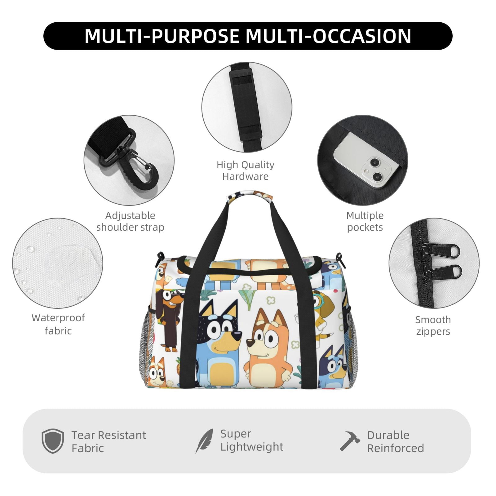 Kowoue Bluey Pattern Hand Travel Bag – Durable Crossbody & Shoulder Travel Tote with Adjustable Strap, Spacious Main Compartment, and Side Pockets