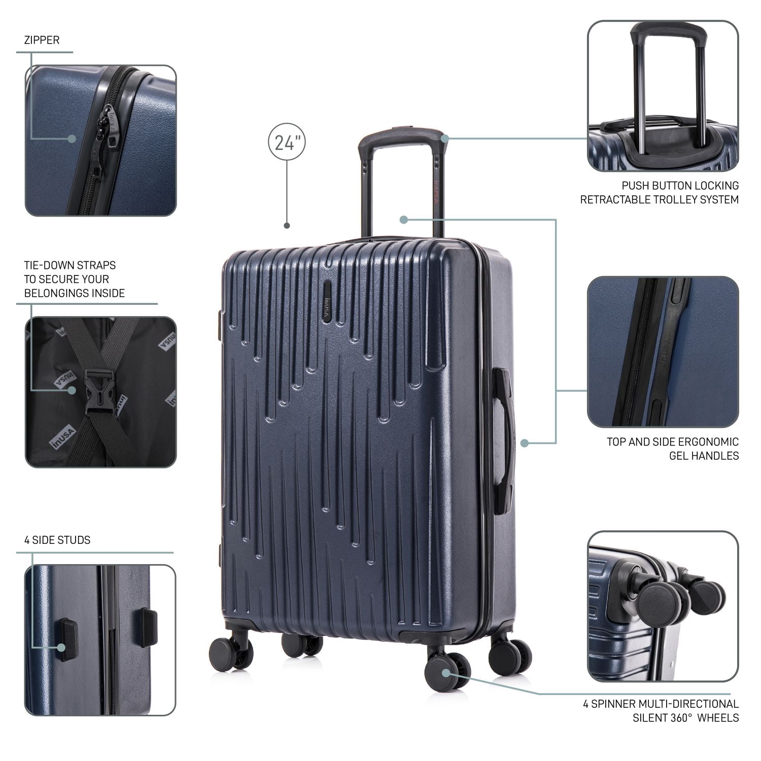 InUSA DRIP 24" Hardside Lightweight Checked Luggage with Spinner Wheels, Handle and Trolley, Navy Blue