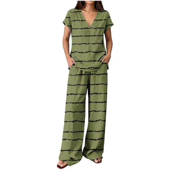 Ohufall Women's Two Pieces Sets V Neck Short Sleeve Loose Tops   Wide Leg Pocket Lounge Pants Striped Sets