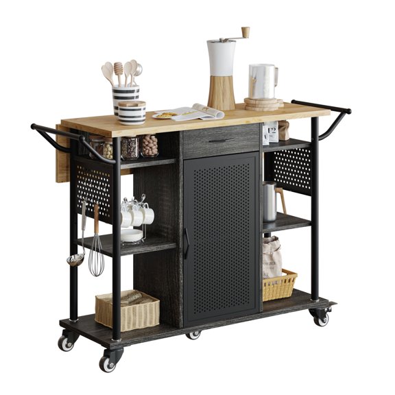Bestier Rolling Kitchen Utility Cart w/ Collapsible Surface Extender, Black