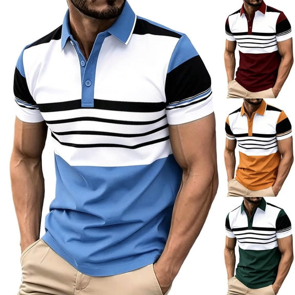 Xcmzpl Golf Shirts for Men Quick Dry Performance Short Sleeve Striped Color Block Moisture Wicking Collared Shirt S-5XL