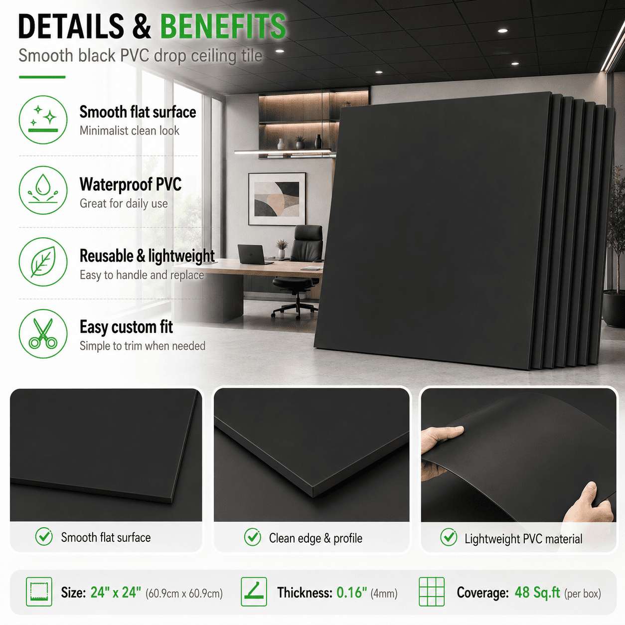 Yeslife 12-Pack 2ft x 2ft PVC Drop Ceiling Tiles, Black, Waterproof Reusable Planks for Home Office, 48 sq ft Cover