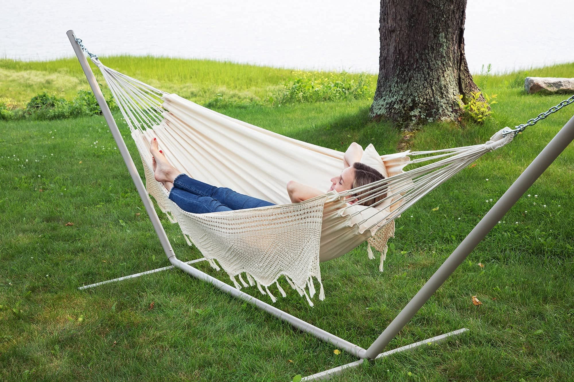Sol Living Bahia Brazilian Patio Hammock Crochet Cotton Hammock Single Hammock for One Person Outdoor Patio Swing Chair Hand Woven Mayan Hammock Use Inside Outside Backyard Decor Porch Swing - Natural