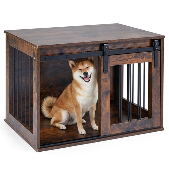 Heavy Duty Dog Crate Furniture with Sliding Barn Door, Rustic Brown, Reinforced Wood Panels, Metal Bars