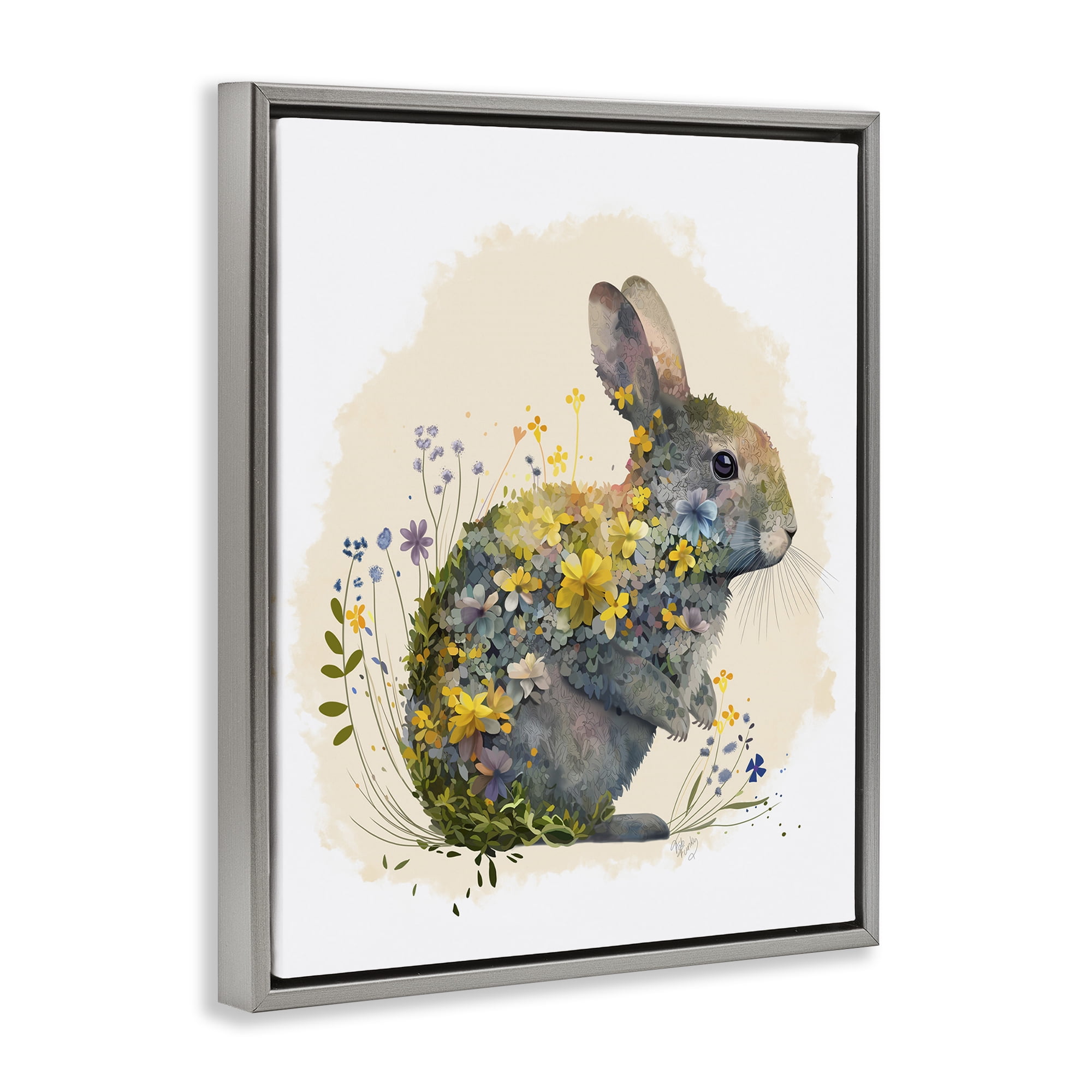 Stupell Industries Rabbit with Buttercup Flowers Animals & Insects Painting Gray Floater Framed Canvas Art Print Wall Art, 25 x 31