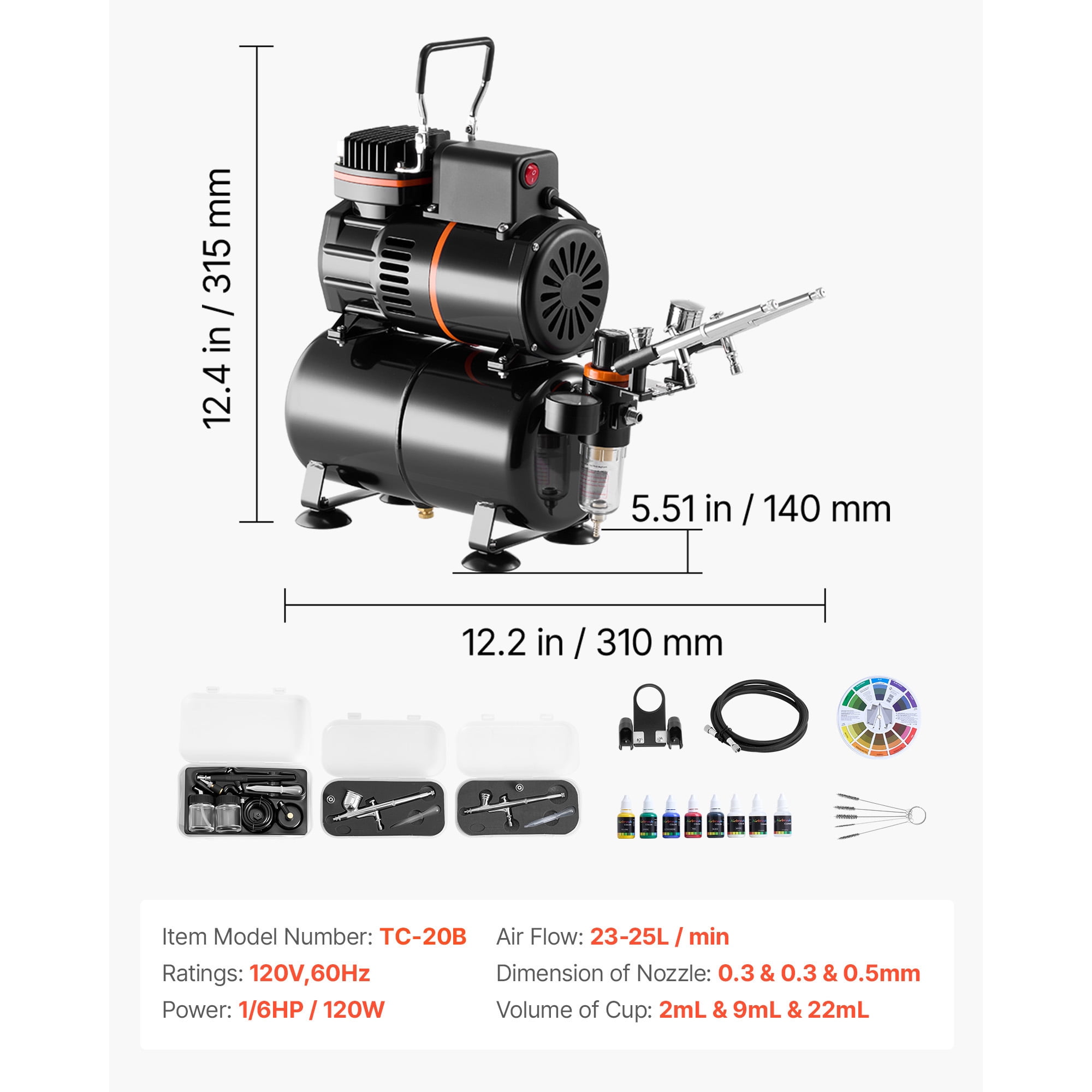 KFFKFF Airbrush Kit with Compressor and Tank, 1/6 HP, Includes 3 Dual-Action Airbrushes, 3 Nozzles, Hose, Acrylic Paint, and 2 Fans, Ideal for Cake Decoration, Model Crafting, and Nail Design