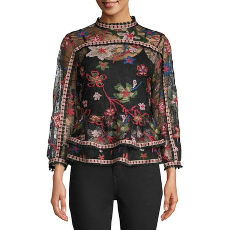 Sui by Anna Sui Women's Floral Embroidered Lace Top
