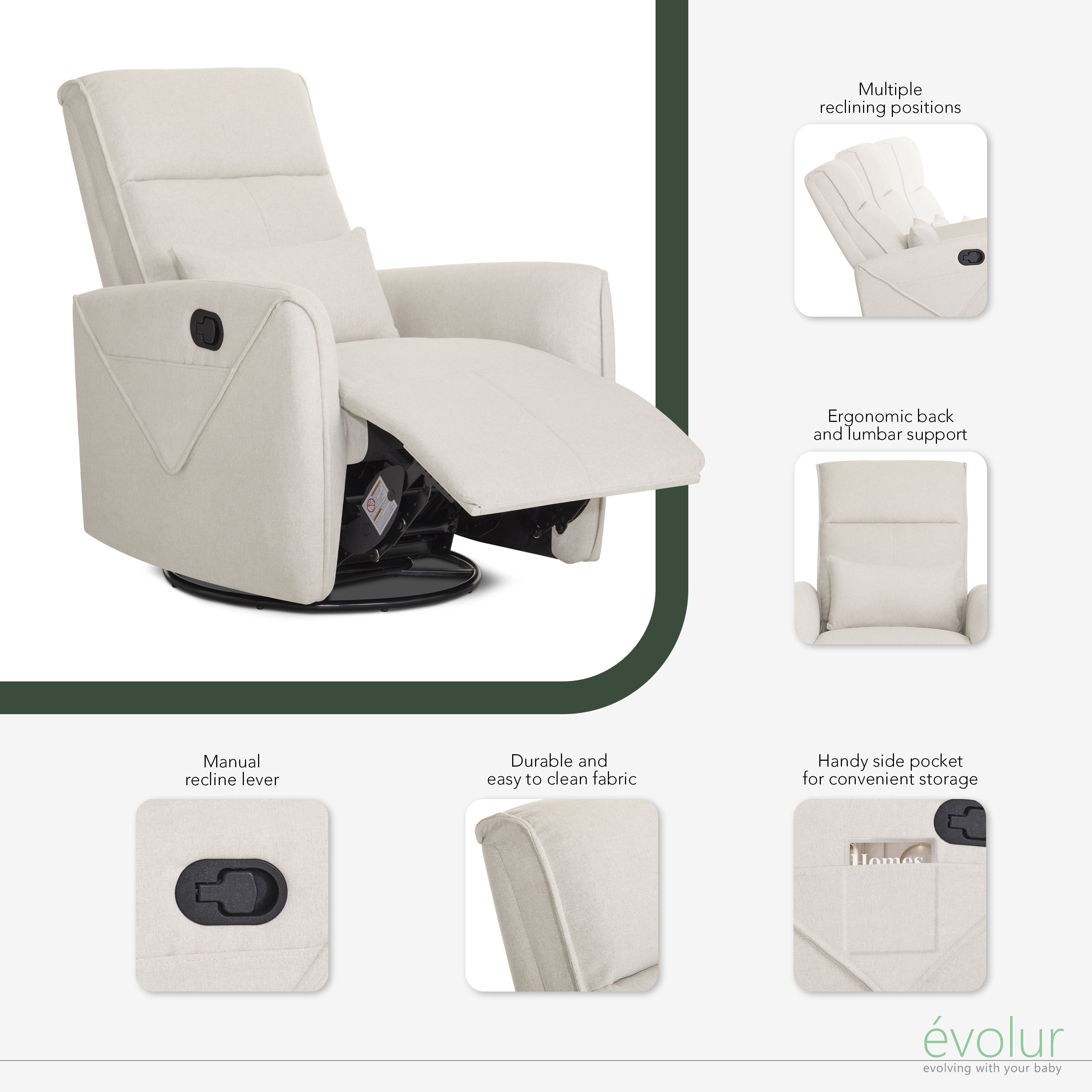 Evolur Slylas Manual Recline Glider, Light Sand