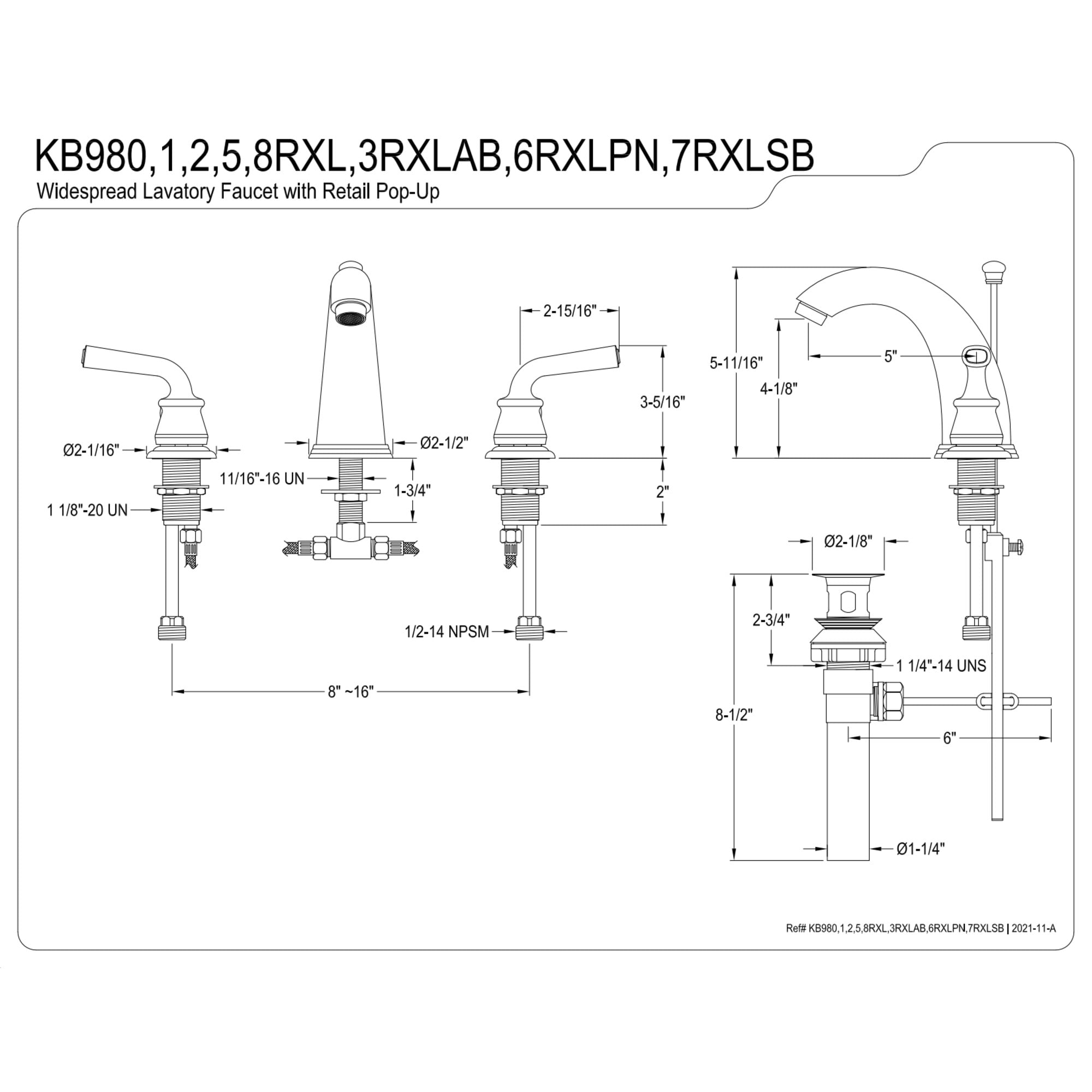 Kingston Brass KB982RXL Restoration Widespread Bathroom Faucet with Pop-Up Drain, Polished Brass