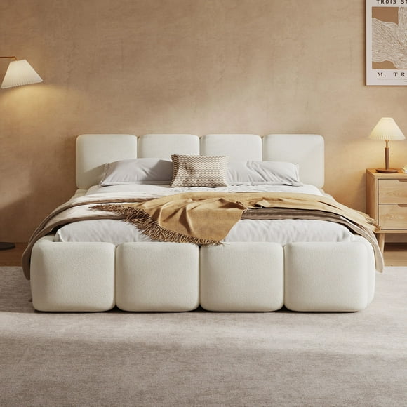 MODERNLUXE Queen Size Upholstered Platform Bed, Boucle Grounded Bed Frame with Thick Headboard and Footboard for Bedroom,White