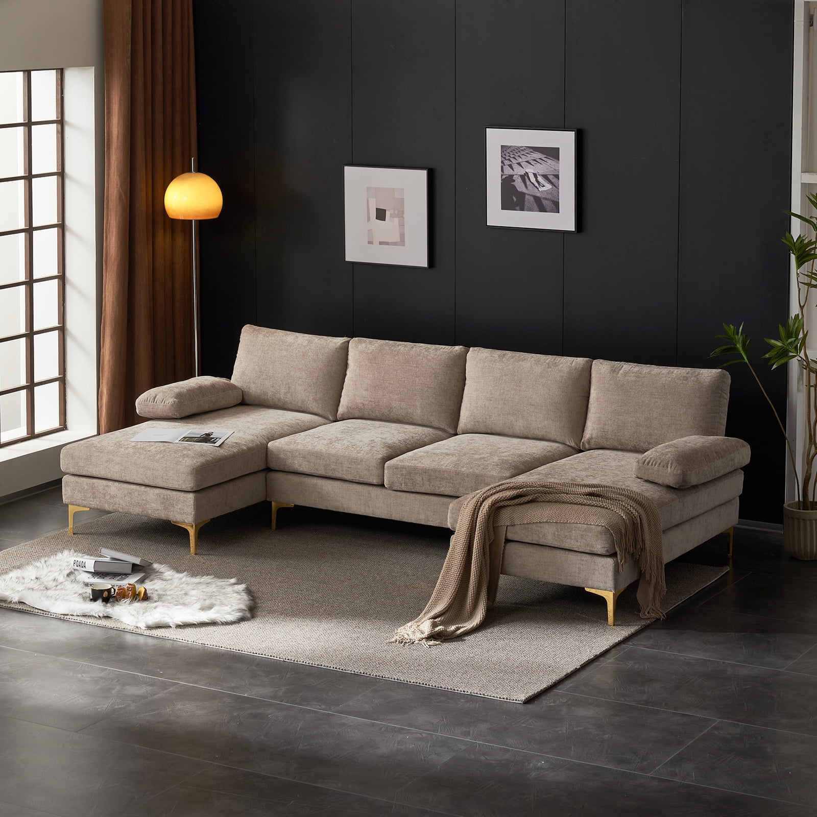 Ktaxon U-Shaped Chenille Sectional Sofa – 4-Seat Sleeper & Double Chaise