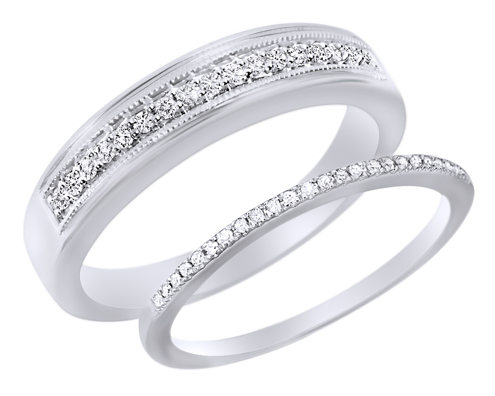 AFFY Round Cut White Natural Diamond His And Hers Wedding Band Set in 14K White Gold (0.25 Cttw)