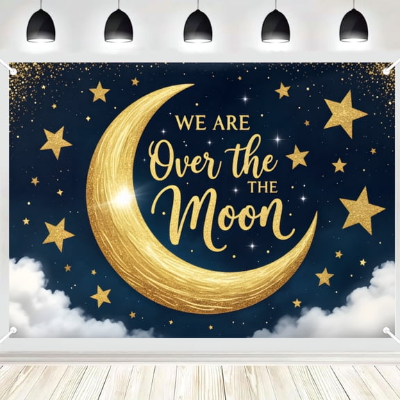 We Are Over The Moon Baby Shower Backdrop, Navy Blue Gold Star Moon Photography Background, Gender Reveal Party Banner for Newborn Celebration, Photo Booth Decor 16x24in