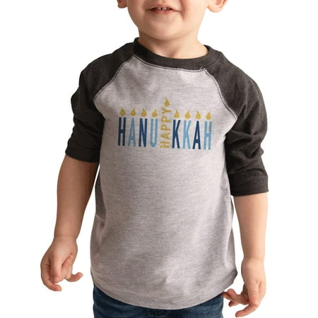 

7 ate 9 Apparel Kids Happy Hanukkah Shirts - Happy Hanukkah Menorah - Grey Shirt 18 Months
