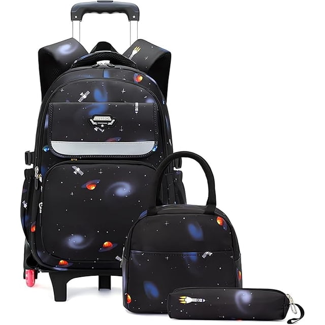 Mochila de Carrito para Niño ORDERUD 3 Pcs Rolling Backpack Set Bolsa para el Almuerzo Bolsa para Lápices Impermeable Negro Azul