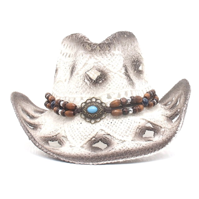 Txlixc Sombreros de paja estilo nacional cadena de cuentas rizado sombrero de vaquero hueco Txlixc moda