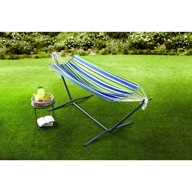 Mainstays Blue Striped Hammock with Metal Stand, Portable Carrying Case, Blue Color