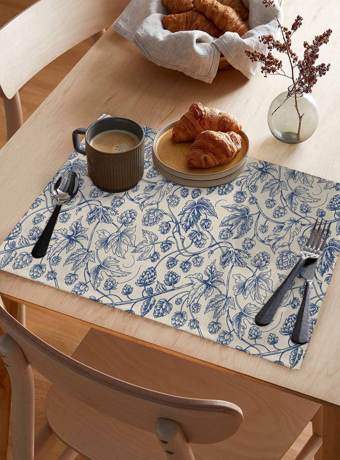 Vintage Wallpaper Placemats Set of 8 Blue Leaf Flower Plants Texture Heat Insulation Washable Place Mats, Rustic Non-Slip Table Mats for Dining Table Party Kitchen Decor,13x19 Inch