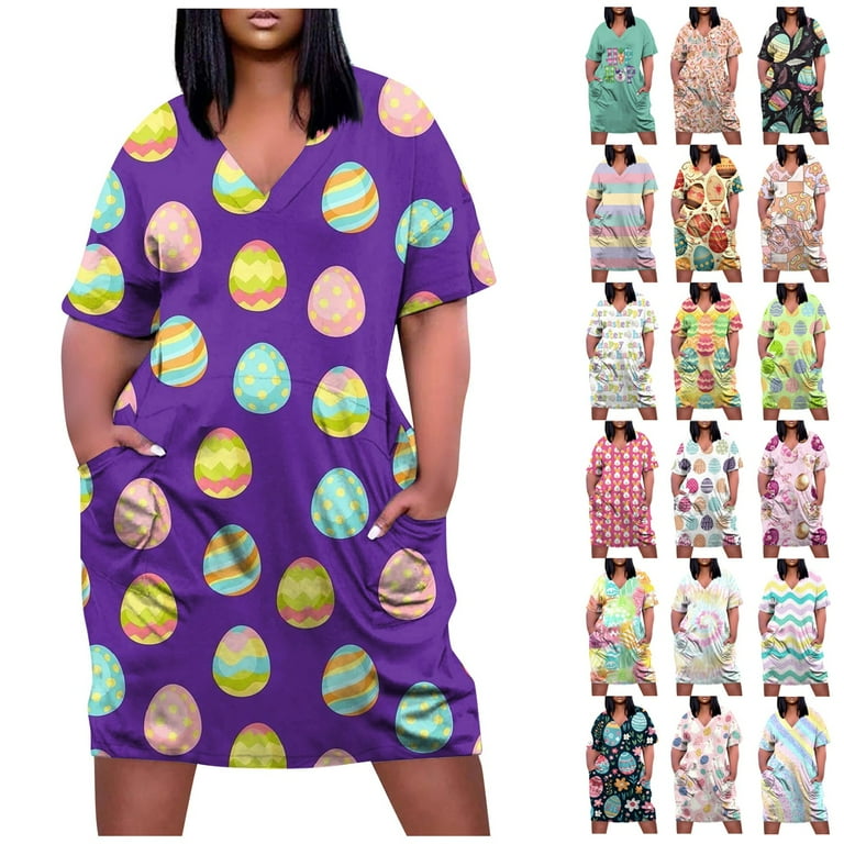 UoCefik Easter Dresses for Women 2024 Short Sleeve Easter Bunny Eggs Rabbit  Print Casual Mini Dresses Flowy Loose Fit Sundress Plus Size Summer V Neck  Beach Dress Black XL 