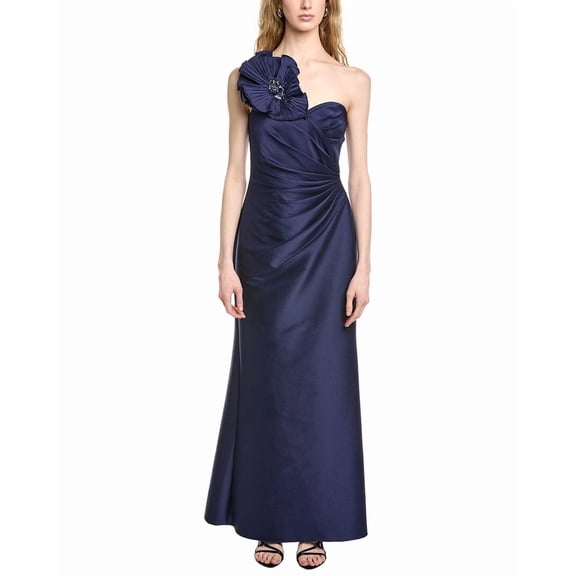 Badgley Mischka womens  Side Drape Flower Shoulder Gown, 16, Navy