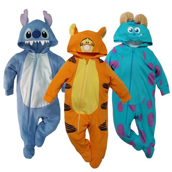 Kit 3 Mamelucos de algodón con Gorro bordado Disney Premium Stitch, Tigger, Sulley Talla 12 meses Disney Ropa de Recién Nacido