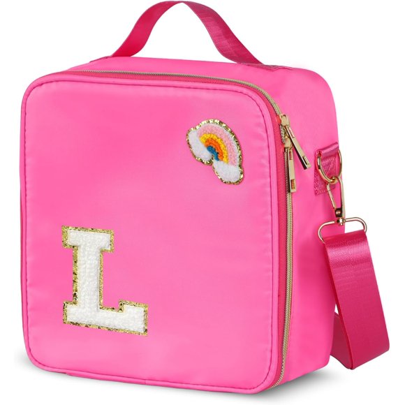 shiyou-Insulated Nylon Lunch Box for Girls, Kids, and Women-Stylish (Letter 'L'),Pink Preppy Large Lunch Bag with Adjustable Strap, Tote for School, Travel, and Picnics-Ideal Preppy Stuff Choice