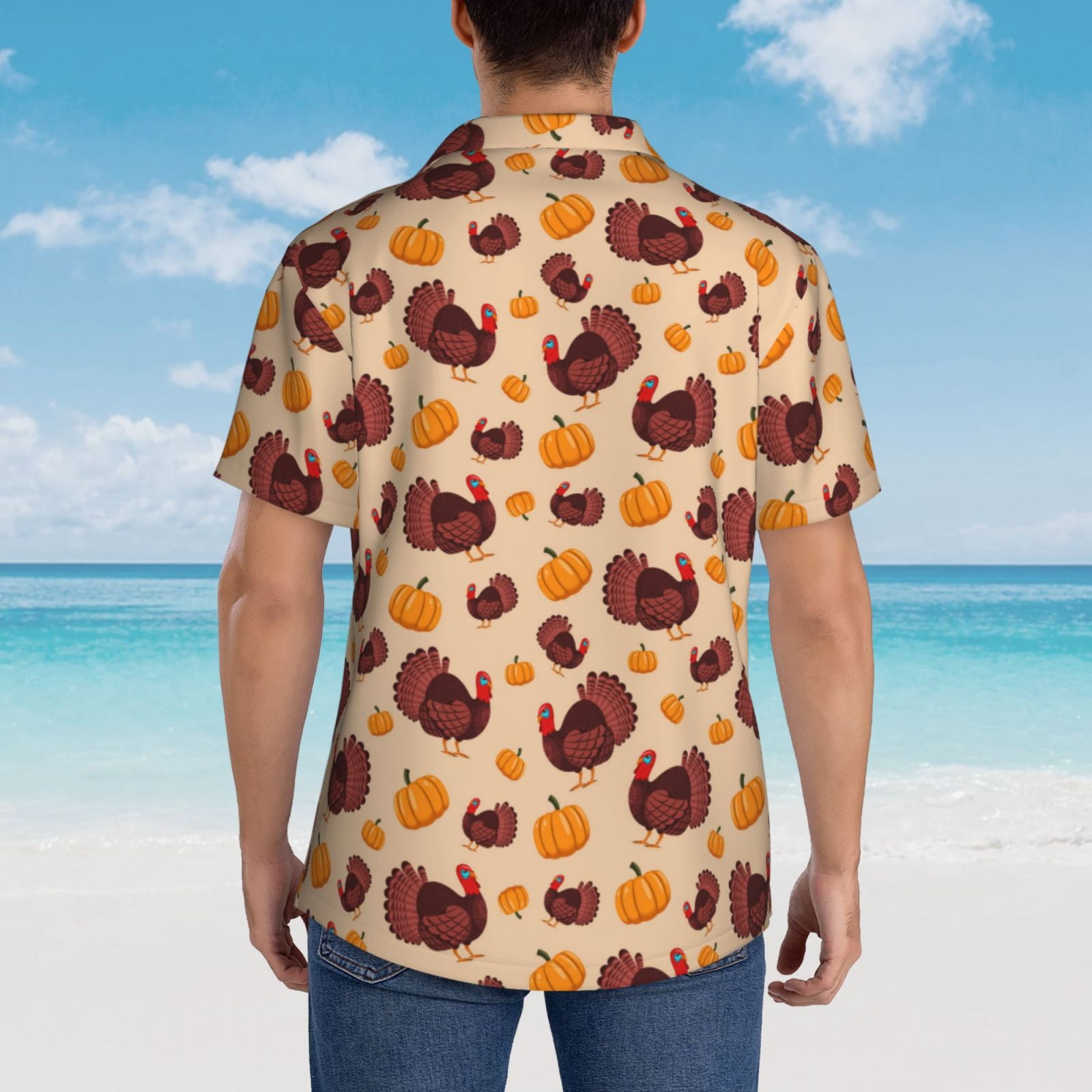 Logiee Thanksgiving Turkey and Pumpkin Print Mens Hawaiian Shirts,Loose-Fit Short Sleeve Button Down Tropical Aloha Beach Shirt,Summer Vacation Wedding Tops,X-Large