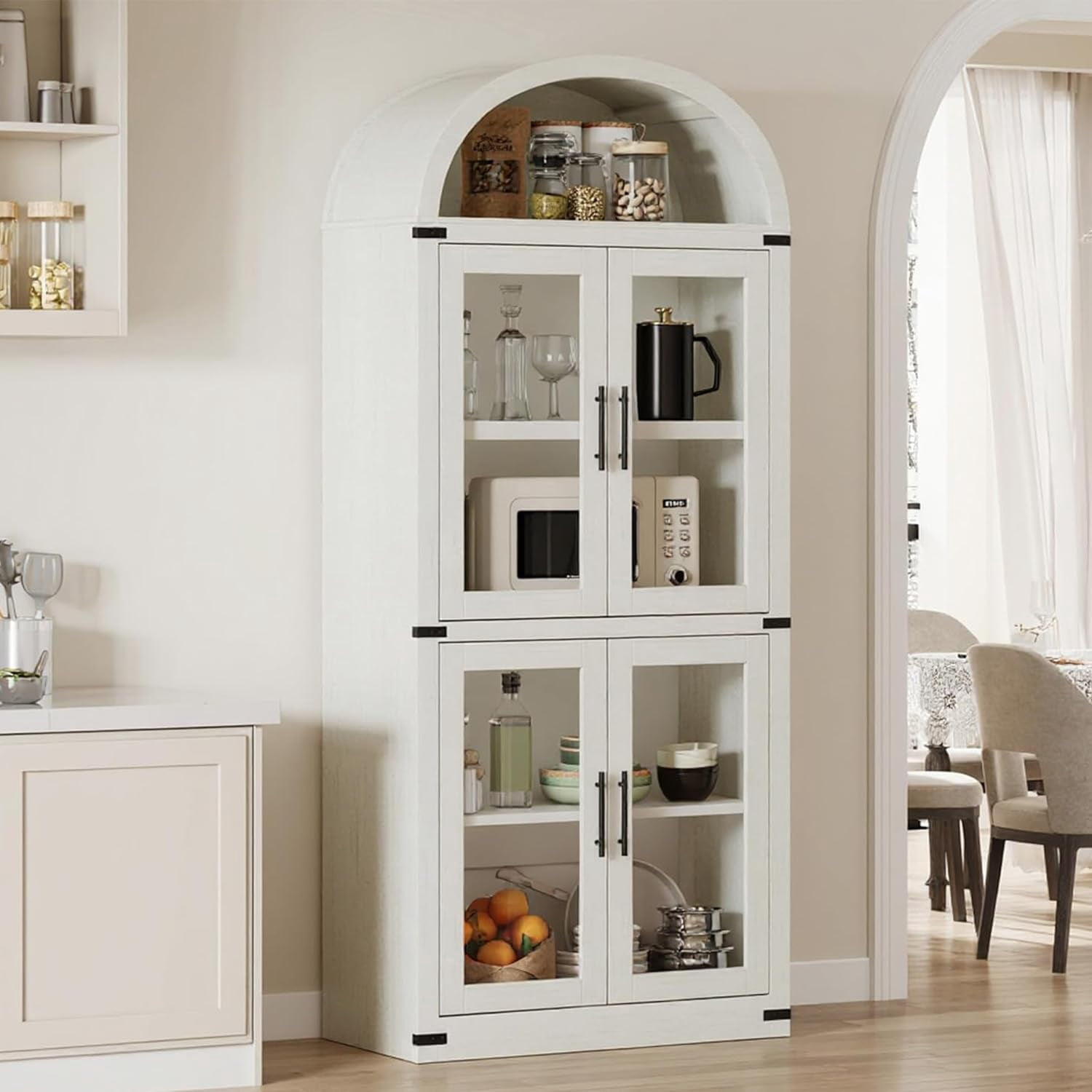 AOILE 72" Tall Arched Farmhouse Bookcase with Doors, Wooden Display Cabinet with Storage Shelves